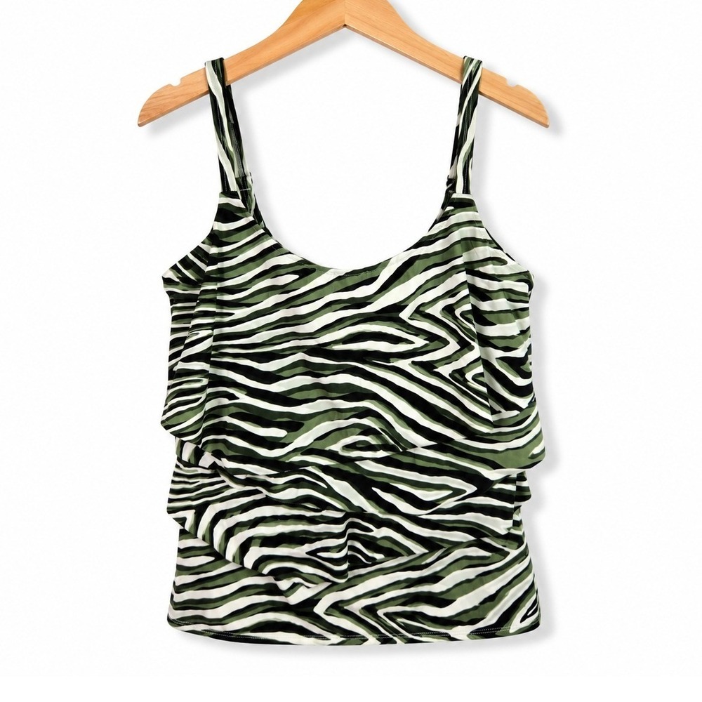 Coco Reef Tankini Swim Top Womens 34D Green Zebra Tiered Ruffle Underwire U29075